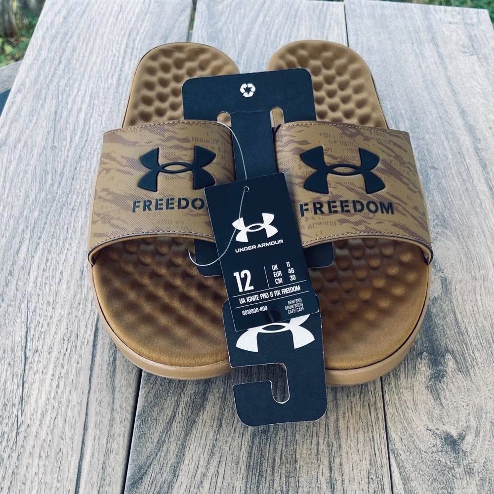 Under Armour Ignite Pro 8 Fix Freedom Mens 12 Brown Camo Slides 3010806-499 NEW